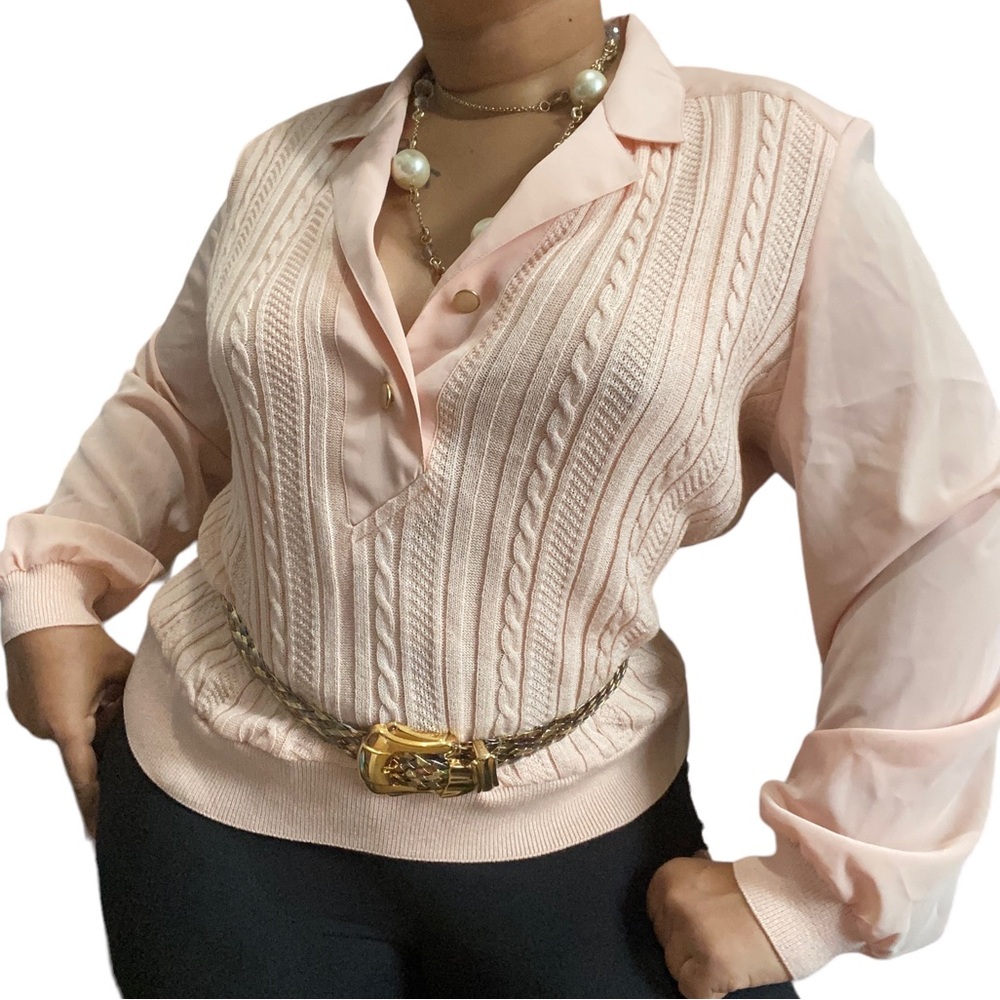 80s Vintage Sheer Sleeve Knit Jeweled Button Pullover Lightweight Cardigan